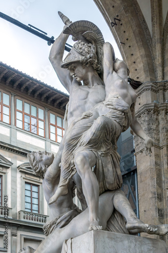 FLORENCE, TUSCANY/ITALY - OCTOBER 19 : Pyrrhus and Polyxena statue, Loggia dei Lanzi, Florence on October 19, 2019