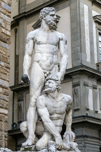 FLORENCE, TUSCANY/ITALY - OCTOBER 19 : Hercules and Cacus statue by Baccio Bandinelli in the Piazza della Signoria Florence on October 19, 2019