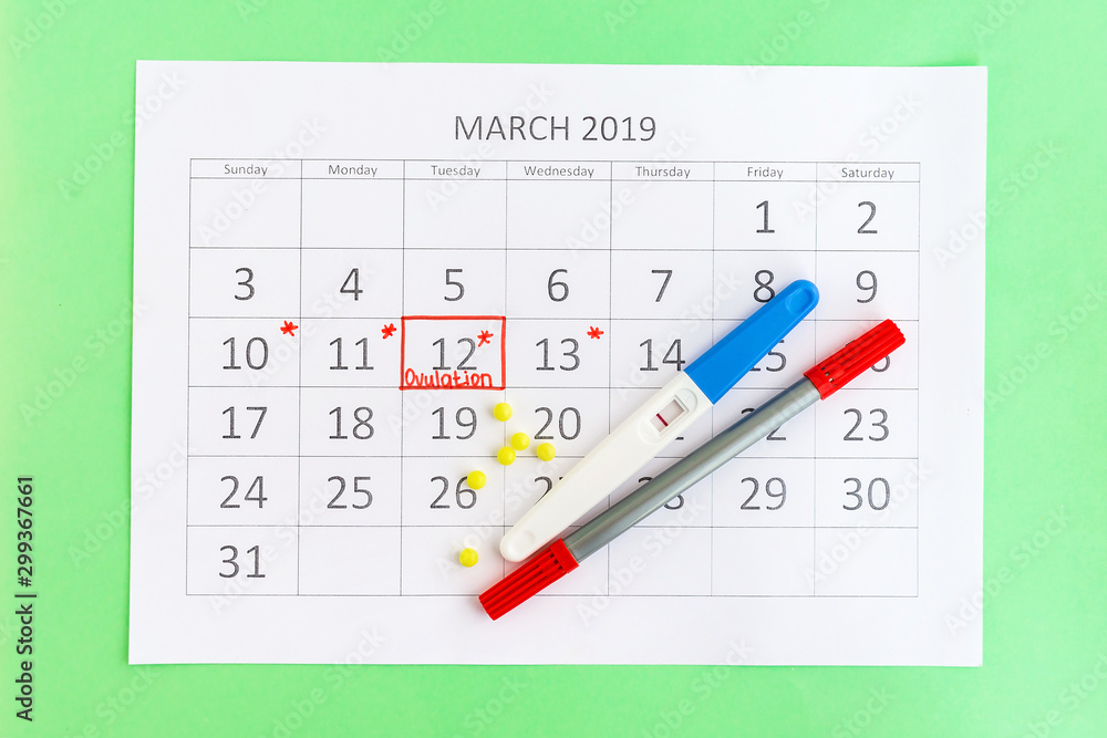 Negative pregnancy test with circling date in calendar. Planning of pregnancy, trying to have baby. Negative pregnancy test with circling date in calendar. Planning of pregnancy, trying to have baby.