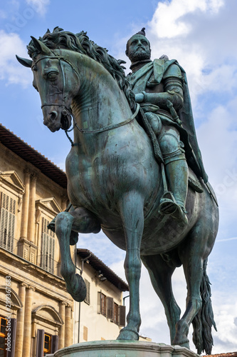 FLORENCE, TUSCANY/ITALY - OCTOBER 19 : Equestrian statue of Cosimo I – Giambologna in Piazza della Signoria  Florence on October 19, 2019