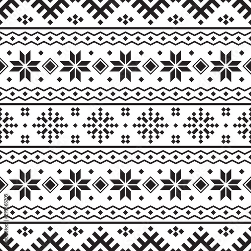 Knitted Christmas Ethnic pattern on white background. Ornament. Border. Seamless sample. It can be used as a background. Vector illustration.