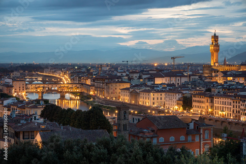 Fototapeta Naklejka Na Ścianę i Meble -  FLORENCE, TUSCANY/ITALY - OCTOBER 18 : Distant view of Palazzo Vecchio at dusk in Florence on October 18, 2019