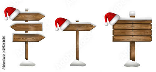 set christmas wooden sign with santa claus hat and snow