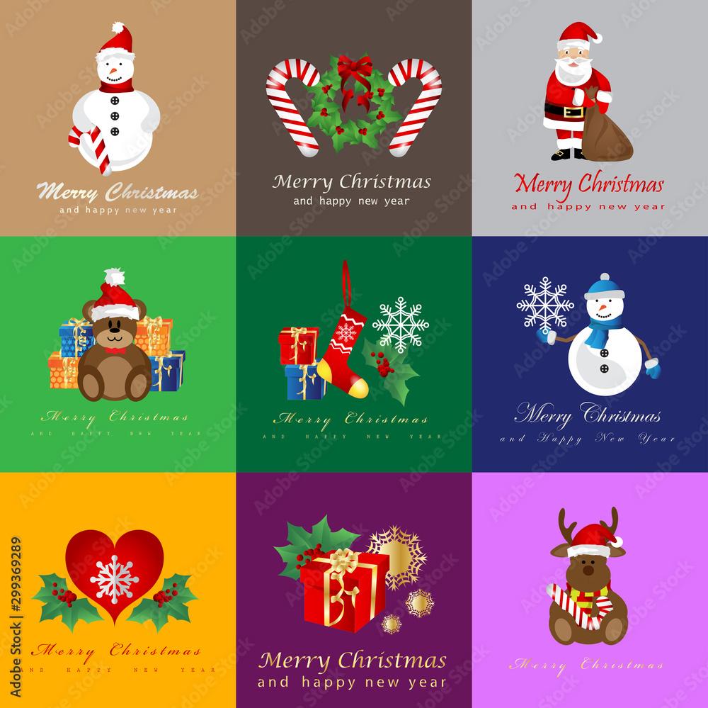 Naklejka premium Christmas Icons And Elements Set - Isolated On Mosaic Background - Vector Illustration. Collection Of Flat Xmas Icons For Label,Sticker, Christmas Tree Icon And Logo. Modern Merry Christmas Typography
