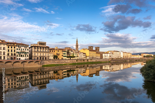 FLORENCE, TUSCANY/ITALY - OCTOBER 18 : View of buildings along and across the River Arno in Florence  on October 18, 2019. Unidentified people.