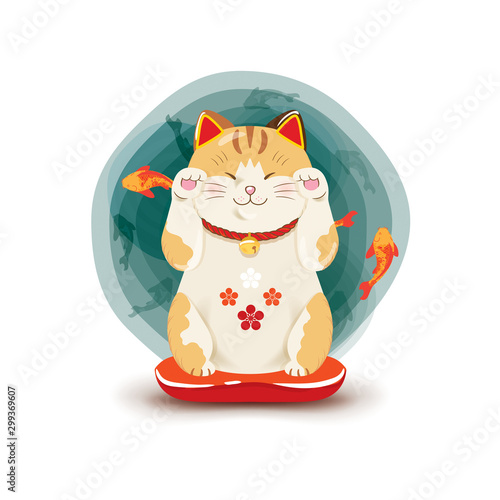 Maneki neko with koi fish background. Japanese symbol of good luck