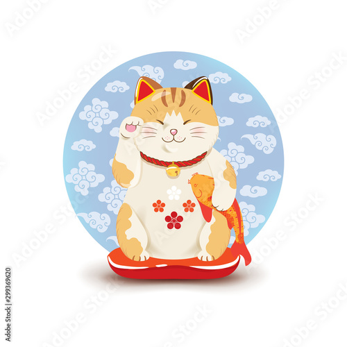 Maneki neko with koi fish. Japanese symbol of good luck