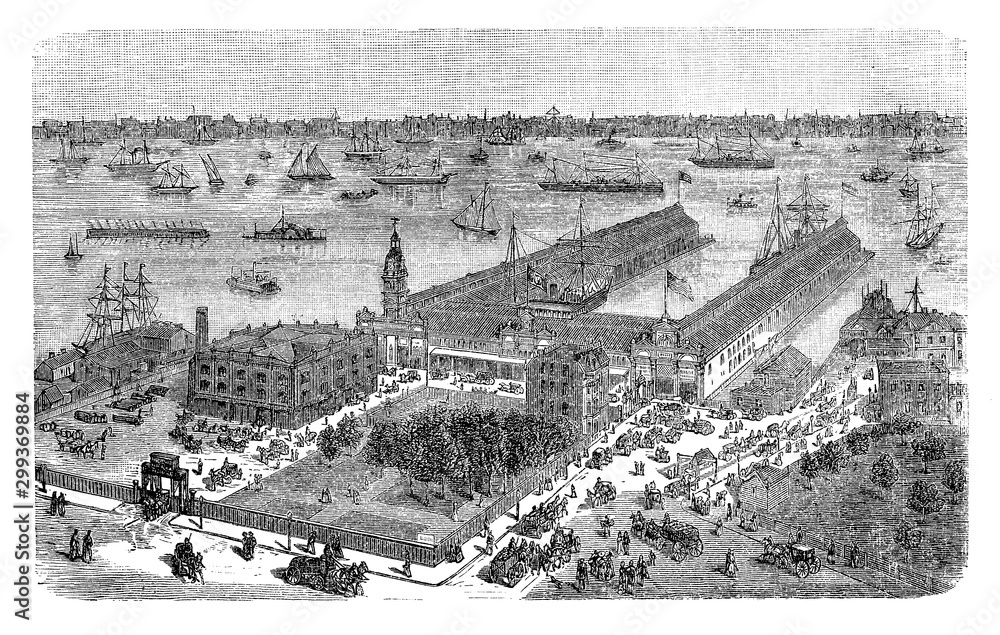 Hoboken New Jersey steamship docks, terminal of two German steamship lines at the end of the 19th century. Hoboken earned the nickname of 'Little Bremen' for the large number of German immigrants