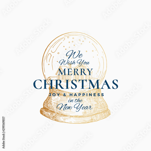 Merry Christmas Abstract Vector Retro Label, Logo, Sign or Card Template. Hand Drawn Golden Holiday Snow Ball with House Sketch Illustration with Vintage Typography.