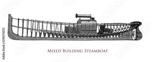 Design of a mixed building steamboat with boiler, keel structure, rudder and screw propeller