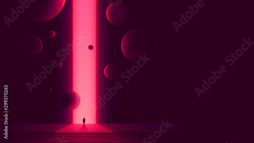 Human figure in front of portal to another dimension, space gate with a bright pink glow and flying balls, futuristic abstraction photo
