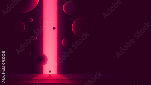Human figure in front of portal to another dimension, space gate with a bright pink glow and flying balls, futuristic abstraction