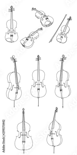 Classic violin, alt, cello, double bass and bow vector isolated on white background, different angles