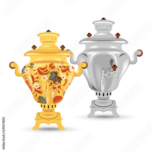 Set of russian traditional samovars. Ornamental and iron kind