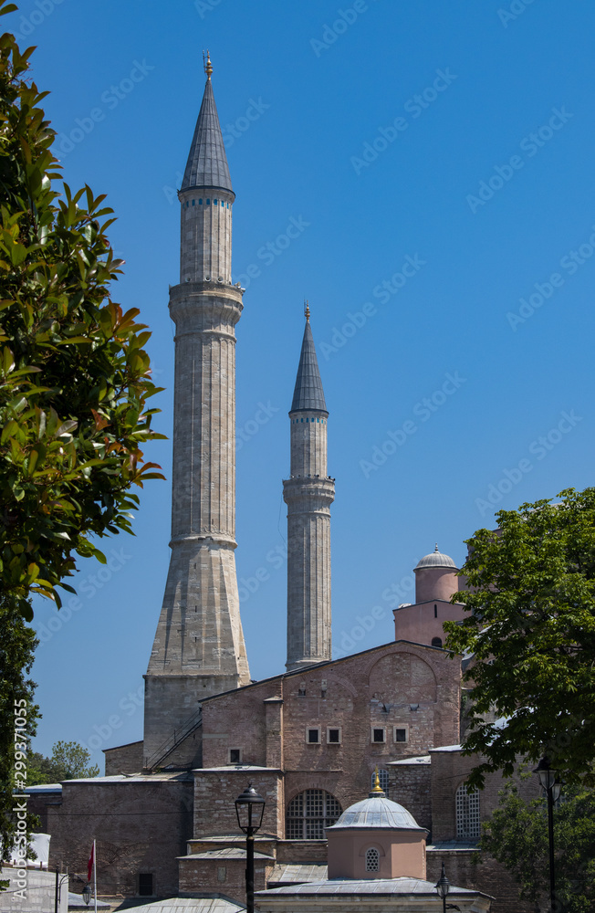 Istanbul, Turkey: two minarets of Hagia Sophia, famous former Greek Orthodox Christian patriarchal cathedral, later Ottoman imperial mosque, now a museum, the epitome of Byzantine architecture
