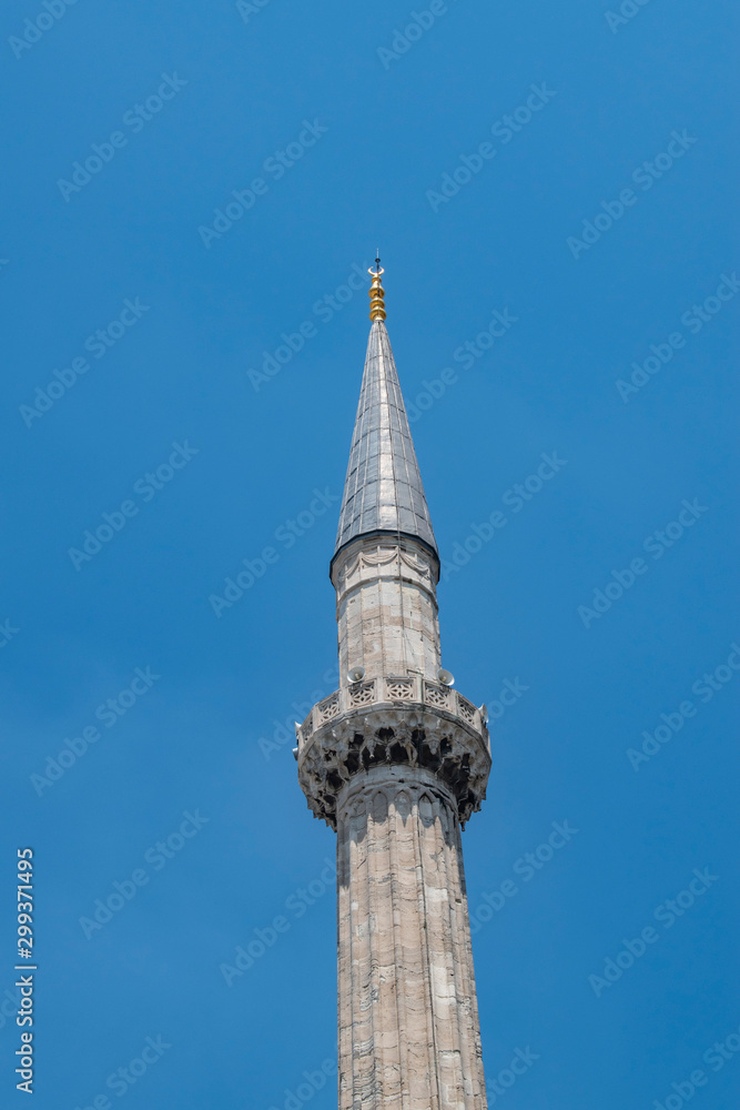 Istanbul, Turkey: one of the minarets of Hagia Sophia, famous former Greek Orthodox Christian patriarchal cathedral, later Ottoman imperial mosque, now a museum, epitome of Byzantine architecture Istanbul, Turkey: one of the minarets of Hagia Sophia, famous former Greek Orthodox Christian patriarchal cathedral, later Ottoman imperial mosque, now a museum, epitome of Byzantine architecture