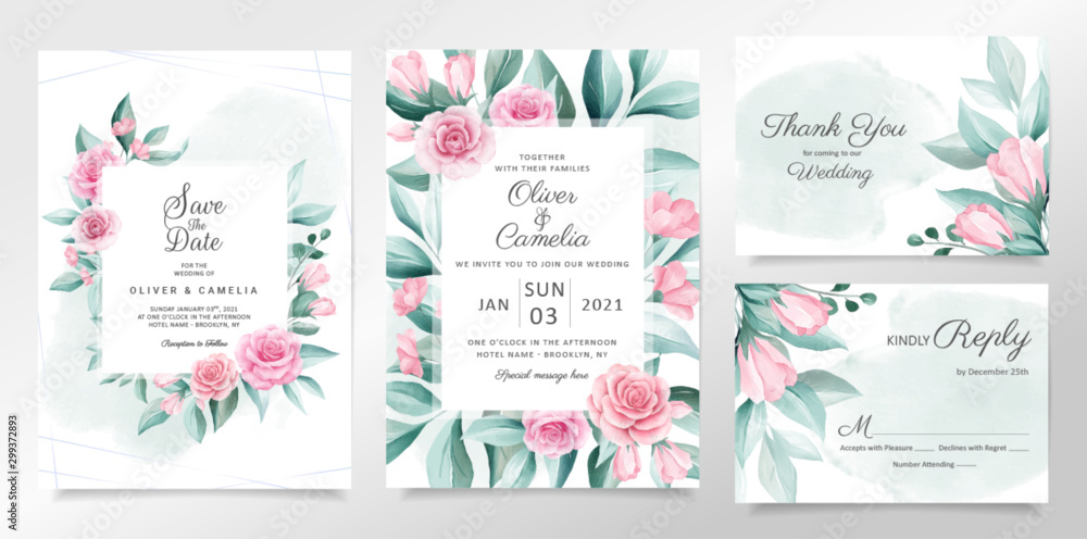 Beautiful wedding invitation card template set with soft watercolor flowers decoration. Floral illustration background of peach roses and leaves for invites, greeting, save the date vector