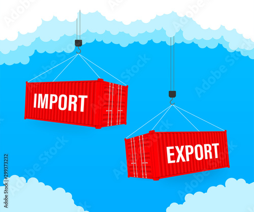 Port crane lift two red cargo containers with import and export words. Vector stock illustration.