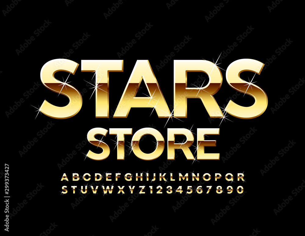 Vector chic emblem Stars Store with modern Gold Font. Sparkling Alphabet Letters and Numbers
