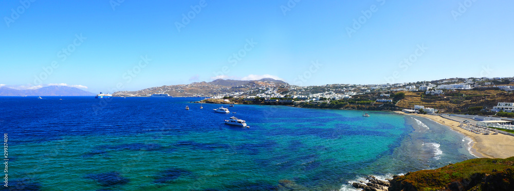 panoramic view of the bay and beach of South Mykonos, famous Greek island of Cyclades in the heart of the Aegean Sea