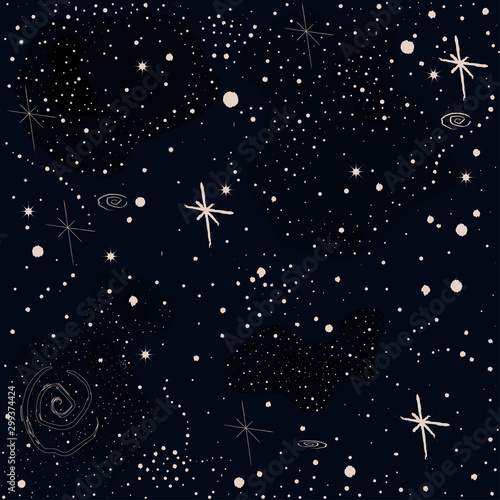 Seamless Cosmic Pattern with stars, planets,  rocket, spiral galaxies and constellations