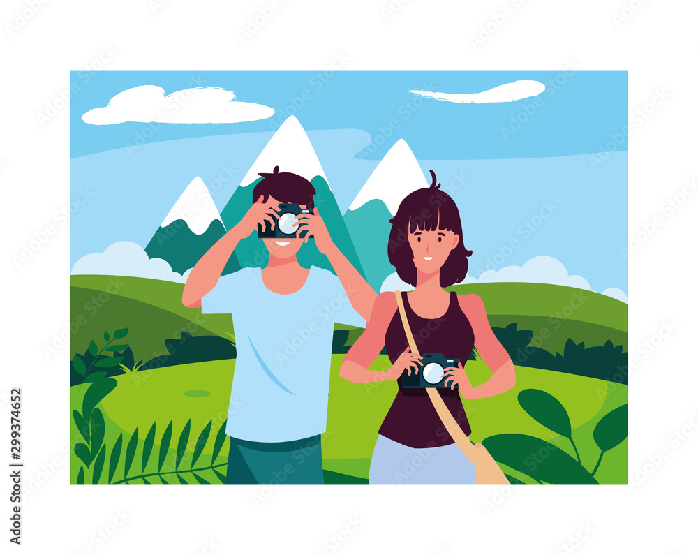 Woman and man taking picture vector design