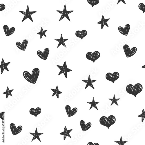 Heart and star doodles seamless pattern. Texture with hand drawn hearts and stars.