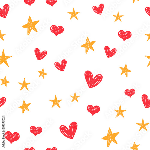 Heart and star doodles seamless pattern. Texture with hand drawn hearts and stars.