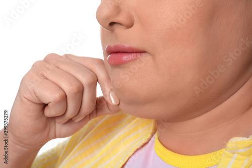 Woman with double chin on white background, closeup
