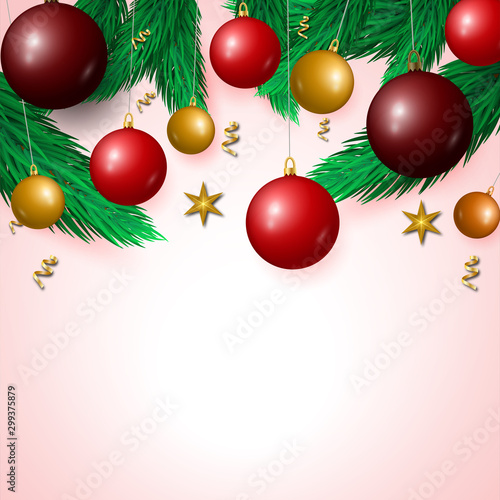 Christmas and New Year background. Red and gold ball, confetti, christmas tree branches on pink background