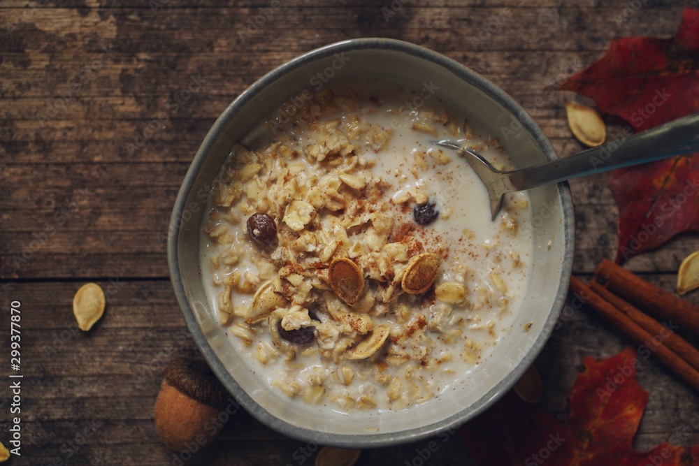 Pumpkin spice Oatmeal in a bowl, selective focus Pumpkin spice Oatmeal in a bowl, selective focus