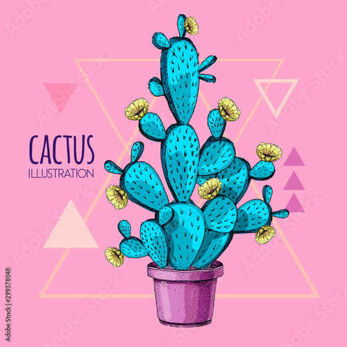 Hand drawing blue fluorescent cactus vector illustration pink background