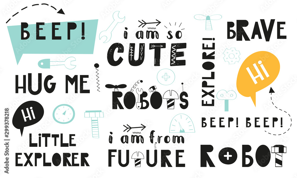 Black and white set of hand drawn space quotes, phrases and words ...