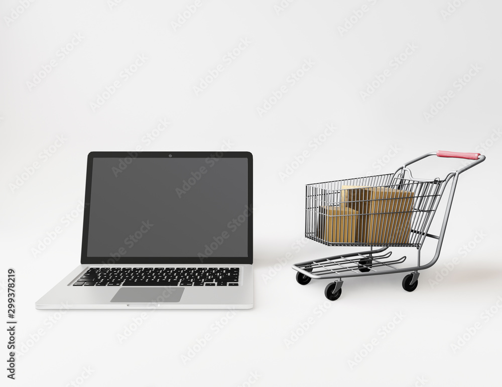 Paper boxes in a shopping cart,buying or selling goods or services online over the internet. 3d rendering