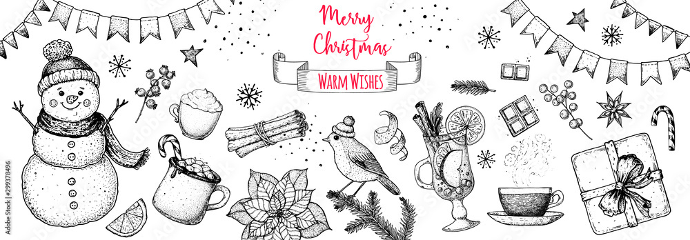 Plakat Christmas greeting card. Hand drawn sketch. Vector illustration. Christmas invitation design template. Sketch collection. Snowman, hot drinks, bird, gift box, holiday banner. New year holidays frame.