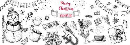 Christmas greeting card. Hand drawn sketch. Vector illustration. Christmas invitation design template. Sketch collection. Snowman, hot drinks, bird, gift box, holiday banner. New year holidays frame.