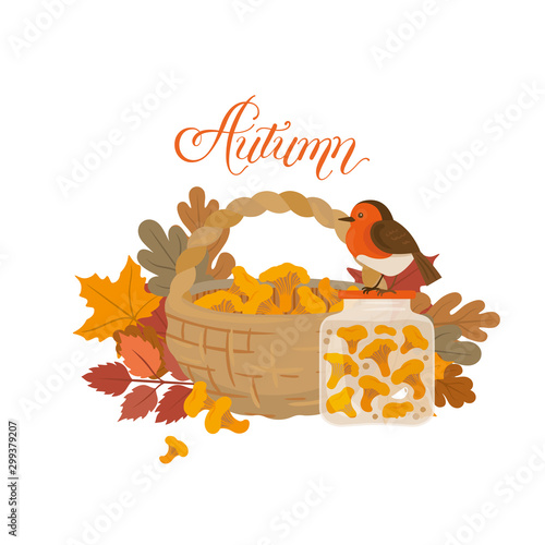 Greeting card with autumn decorative elements. Little bird sitting near a busket with mushrooms