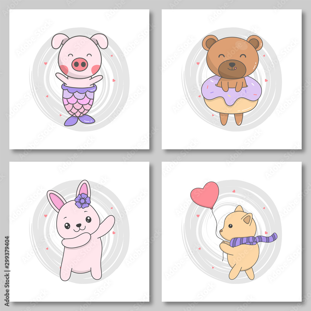 Set of cute animal hand draw style. Cute pig mermaid, cute bear with donut, cute bunny dancing, cute cat holding balloon. Vector illustration Set of cute animal hand draw style. Cute pig mermaid, cute bear with donut, cute bunny dancing, cute cat holding balloon. Vector illustration