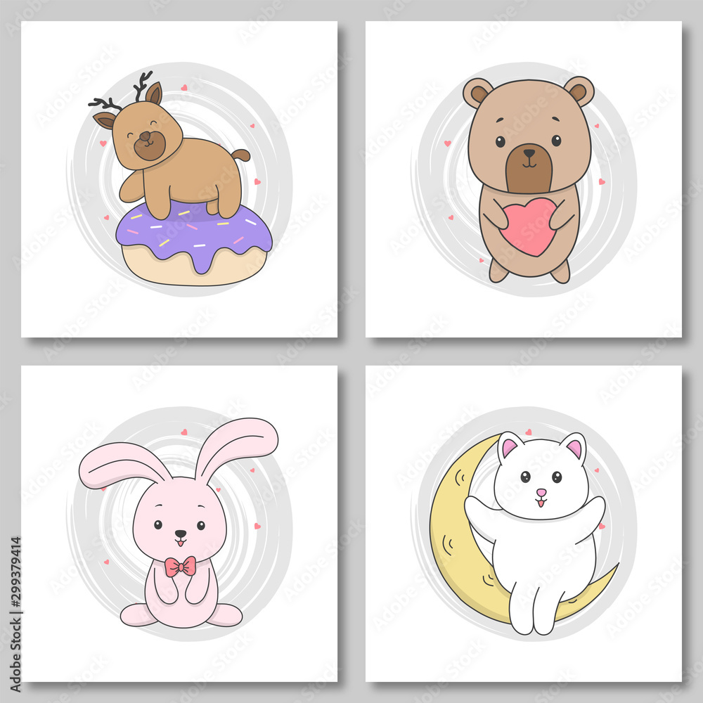 Set of cute animal hand draw style. Cute deer stand on cake, baby bear holding love, cute bunny, cute cat sit on moon. Vector illustration Set of cute animal hand draw style. Cute deer stand on cake, baby bear holding love, cute bunny, cute cat sit on moon. Vector illustration