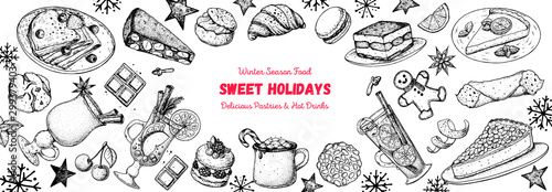 Winter season food. Sweet holidays. Delicious pastries and Hot drinks. Christmas menu template vector illustration. Hand drawn sketch. Christmas food and drink design template. Mulled wine and dessert