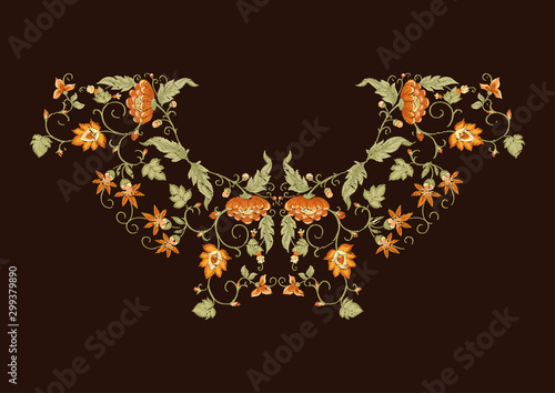 Tradition mughal motif, fantasy flowers in retro, vintage style. Element for design. Embroidery imitation Vector illustration. Isolated on black background