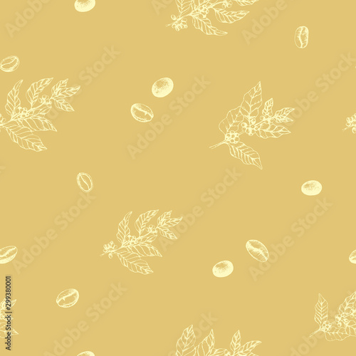 Vector seamless pattern with coffee beans and branches. Illustration grains and trees of coffee in sketch engraving style. Vintage gold background. 