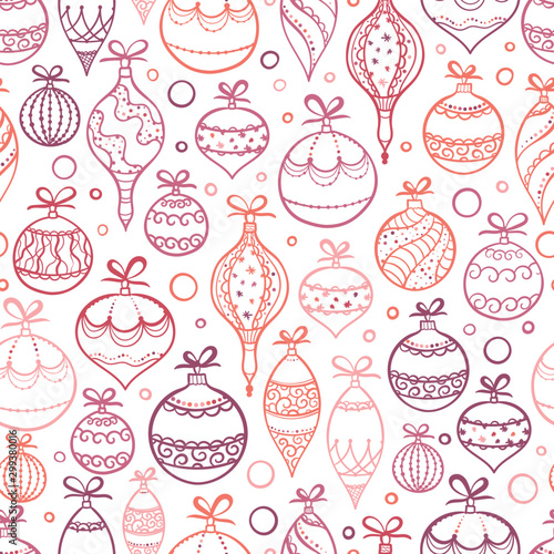 Elegant hand drawn christmas ornaments seamless pattern, decorated baubles hanging, great for christmas wrapping, banners, invitations, wallpaper - vector design