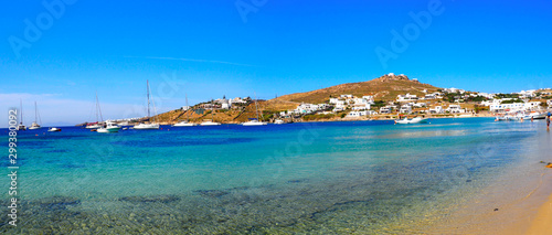 Panoramic view of the South Beach of Ornos in Mykonos, the famous Greek island of Cyclades in the heart of the Aegean Sea