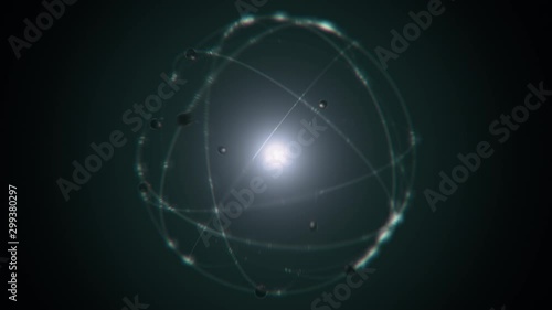 seamlessly looping green silver atom concept animation shining glowing proton neutron nucleus, visualization of atom space physics of centric gravity as idea of electrons orbiting as ordered particles
