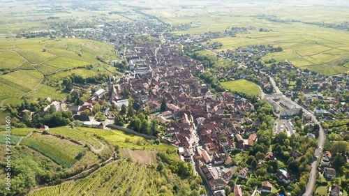 An aerial panorama of Ribeauvillé (France) with vineyards