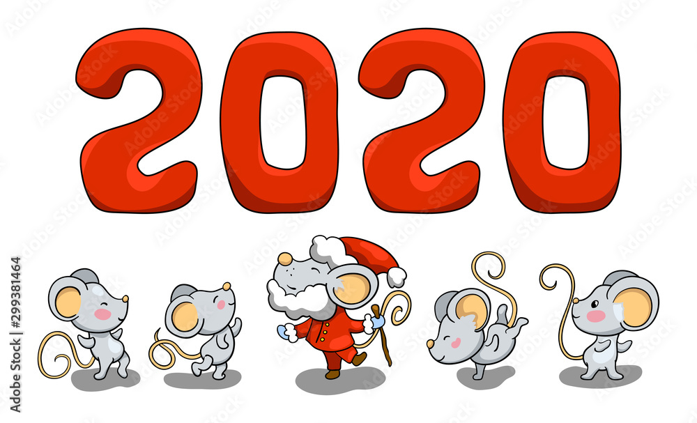 Obraz premium 2020 New Year mouse character. Winter holiday banner template with rat. Cute Santa Claus mouse header