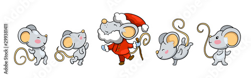 Cute mice dancing around Santa Claus mouse. 2020 year cartoon vector illustration on white background