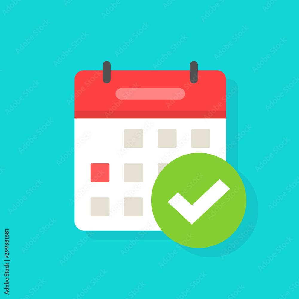 Calendar with checkmark or tick notice icon vector, flat cartoon event  reminder with check mark as approved or schedule date symbol isolated  clipart Stock Vector | Adobe Stock