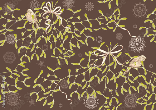 Seamless pattern, background. Mistletoe, Robin bird and ribbon. Graphic drawing, engraving style. Vector illustration